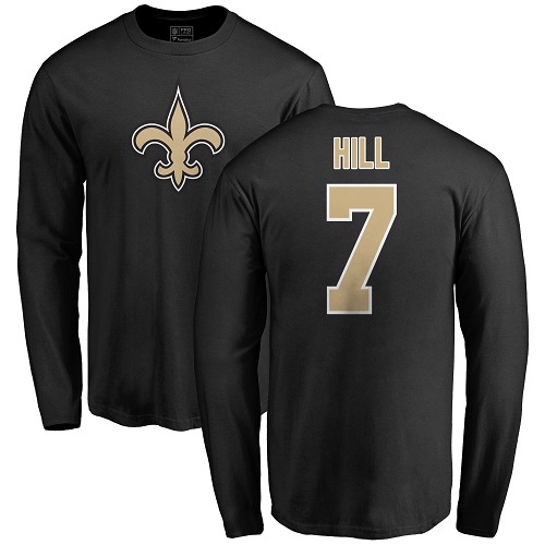 Men New Orleans Saints Black Taysom Hill Name and Number Logo NFL Football #7 Long Sleeve T Shirt->new orleans saints->NFL Jersey
